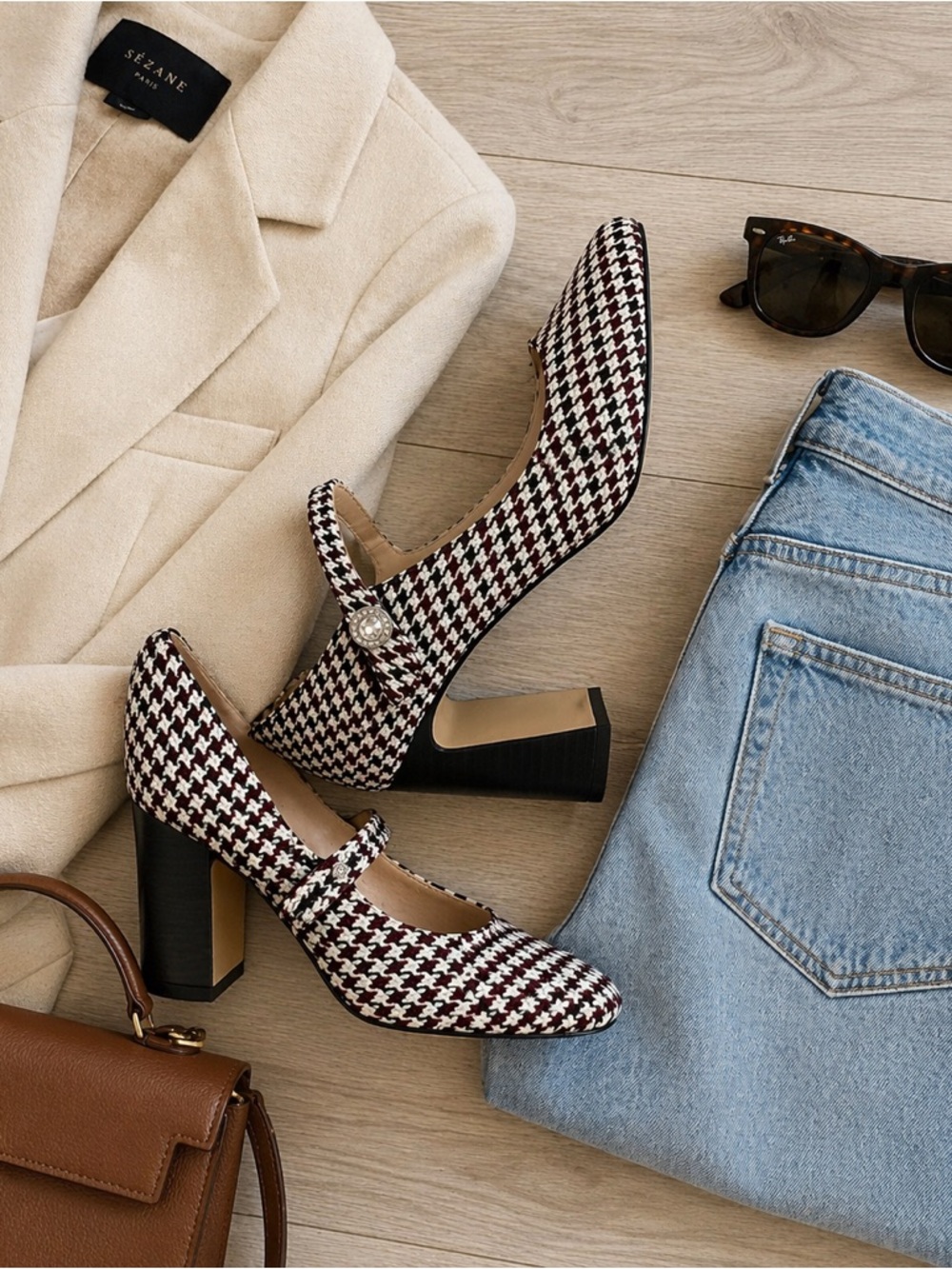 Adrienne Vittadini Houndstooth Mary Jane Chunky Heels Size 7